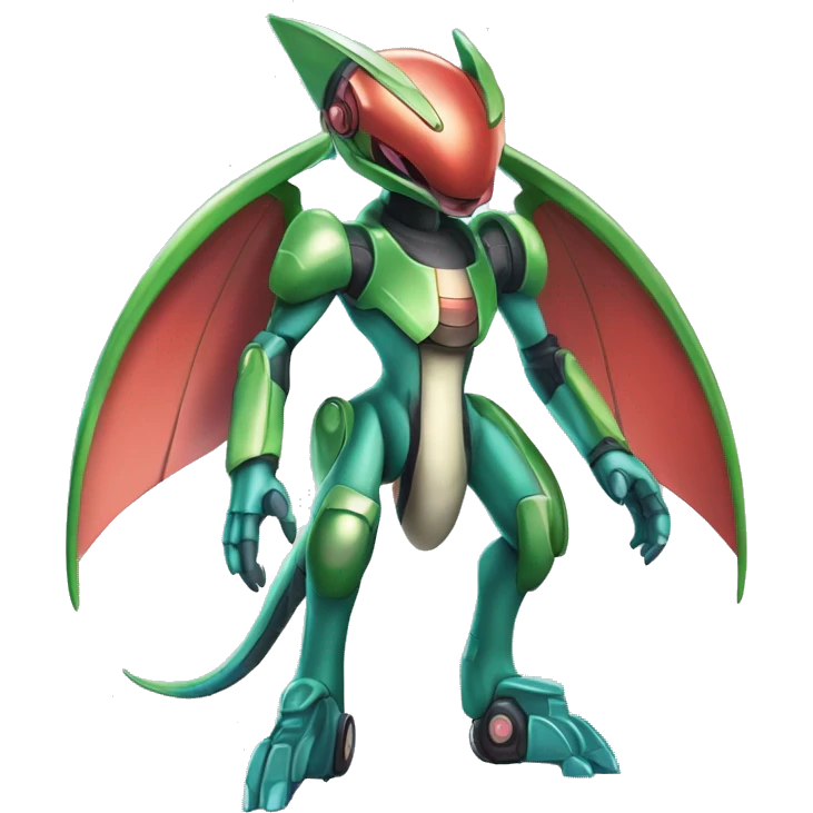 a shiny metallic Genesect-Flygon-Raptor-Fakémon-Medabot-hybrid with a futuristic visor-helmet full body emoji