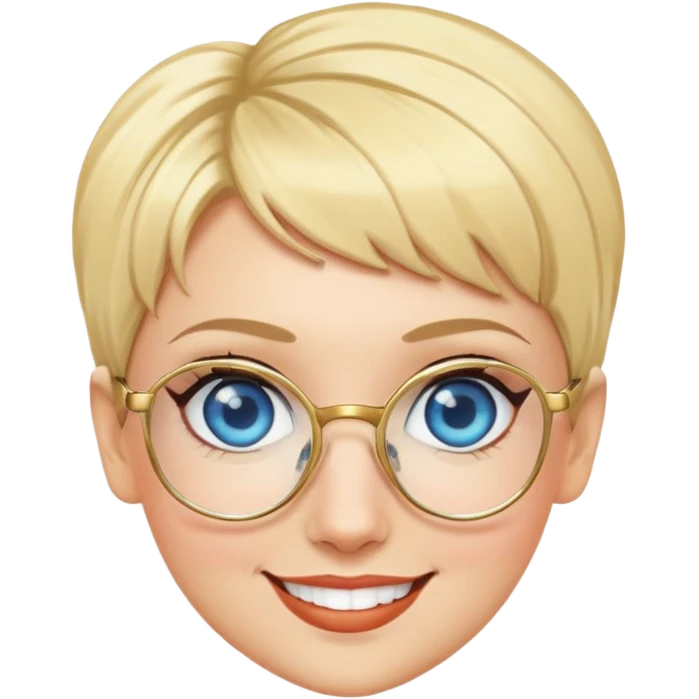 blonde teacher with pixie haircut, gold glasses, blue eyes, big eyelashes, nice smile emoji