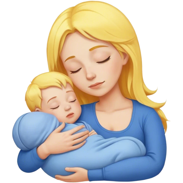 Mother is holding a baby, the mother has yellow hair and pink clothes, the baby is sleeping in blue clothes emoji