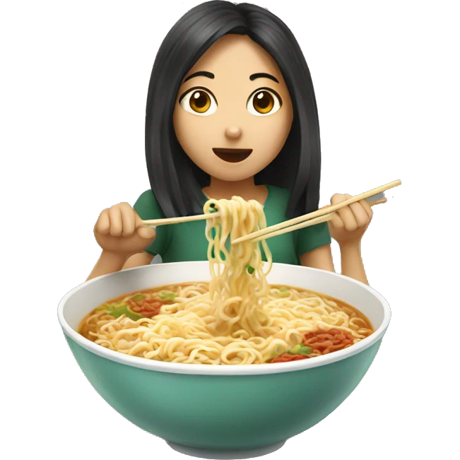 Asian girl eating ramen noodles emoji