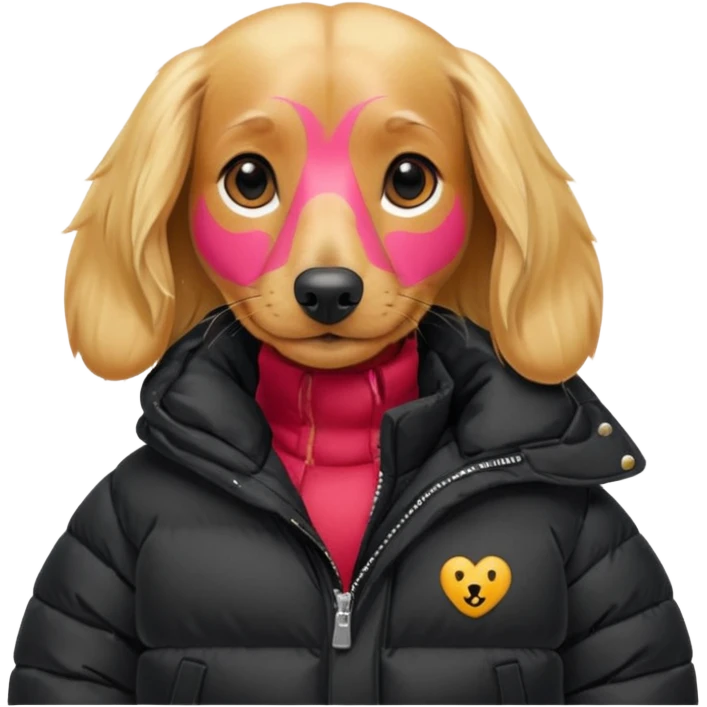 Long hair blonde Daschund dog in oversized black puffer  emoji