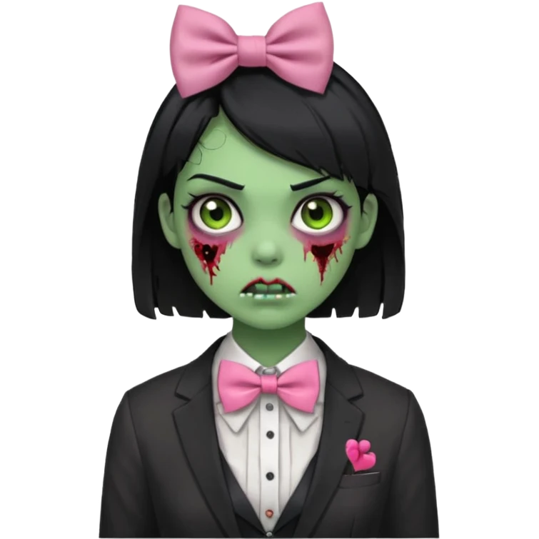 zombie green skin girl, black hair with pink bow tie emoji