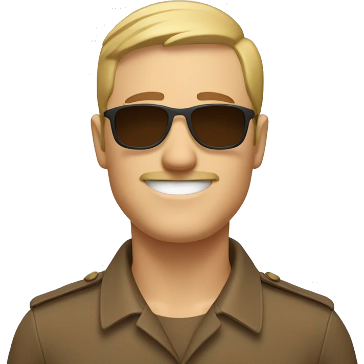 smiling white man with a short haircut and short mustache wearing a brown uniform and sunglasses emoji