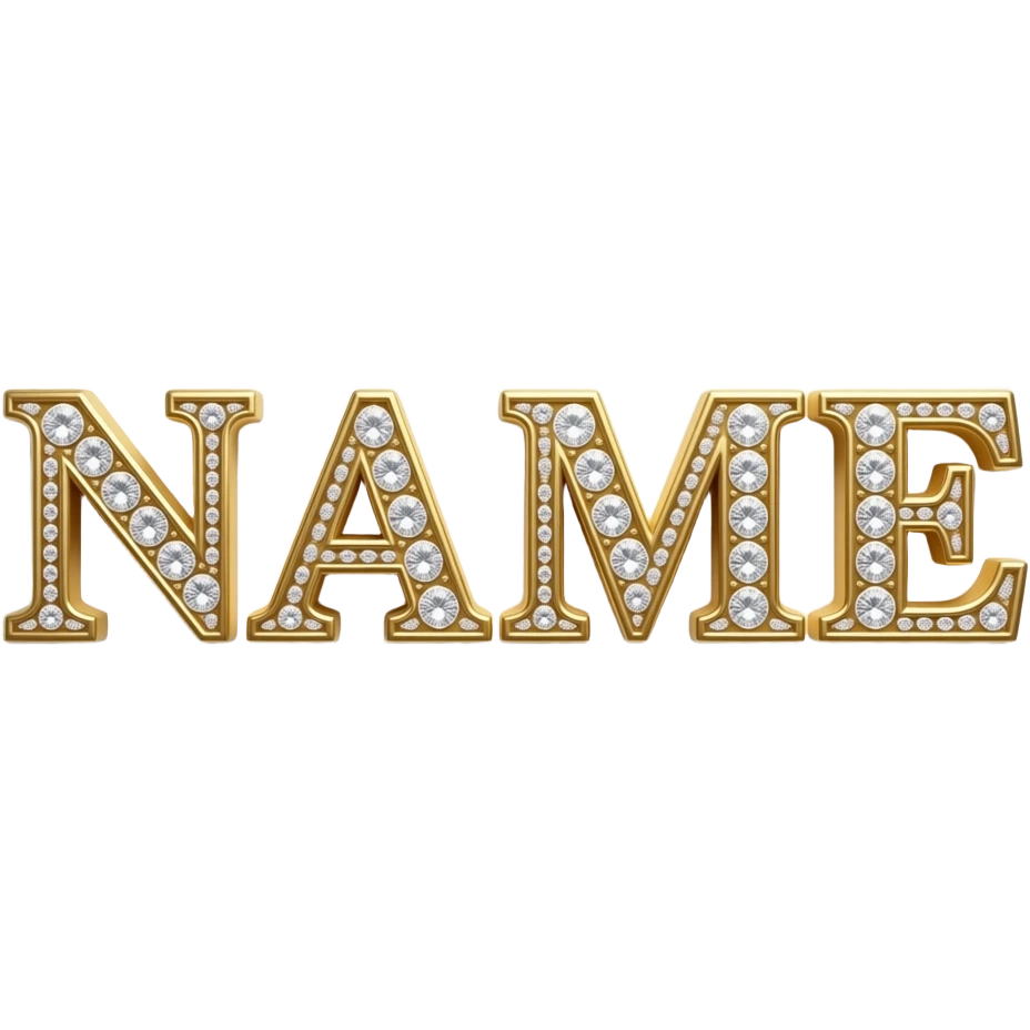 The text 'NAME' in elegant glowing serif typography, 3D embossed gold with diamond-encrusted edges. Top-down studio lighting, sharp focus, isolated on white, luxury brand aesthetic emoji