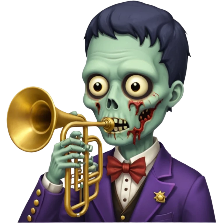 Zombie trumpeter – cracked trumpet, cheeks puffed, eerie parade feel. emoji