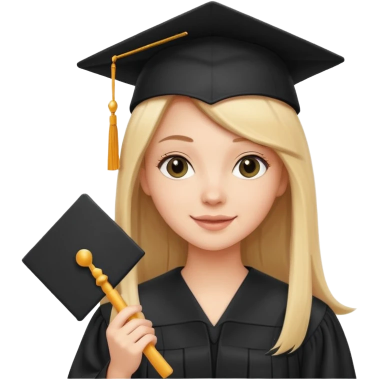 white girl with straight hair, holding diploma, black graduation cap and gown, cheerful emoji