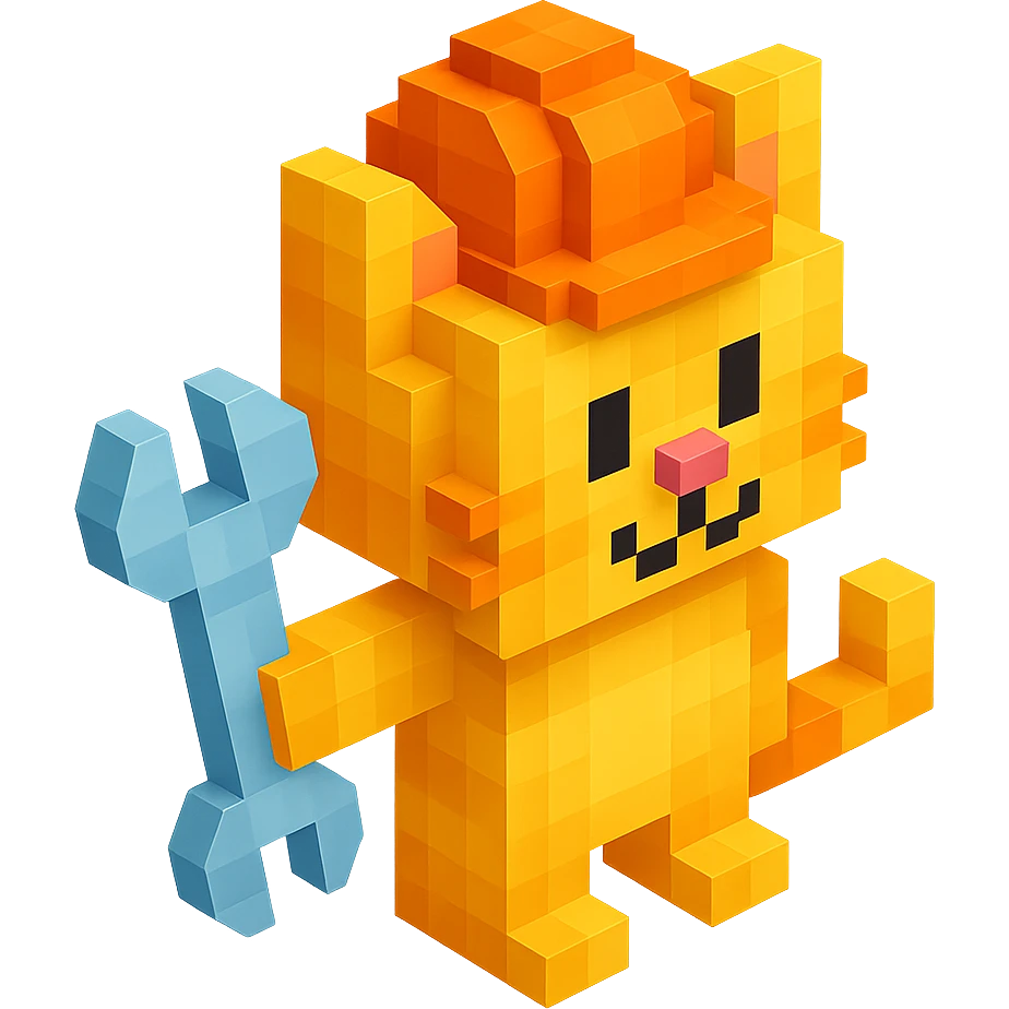 worker cat with orange construction hat holding a wrench in voxel style emoji