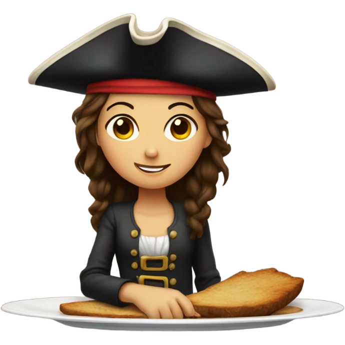 Brunette girl on platter with pirate hat emoji