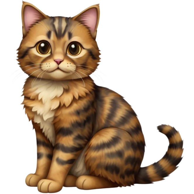 cinematic-[tortoiseshell tabby cat]-realistic-full-body-sitting-emoji,-tail-curled-playfully-around-its-paws,-head-tilted-dramatically,-scruffy-[dark faced tortoiseshell coloured]-fur,-simplified-yet-realistic-focused-features,-highly-detailed,-glowing-with-an-almost-sarcastic-glow emoji