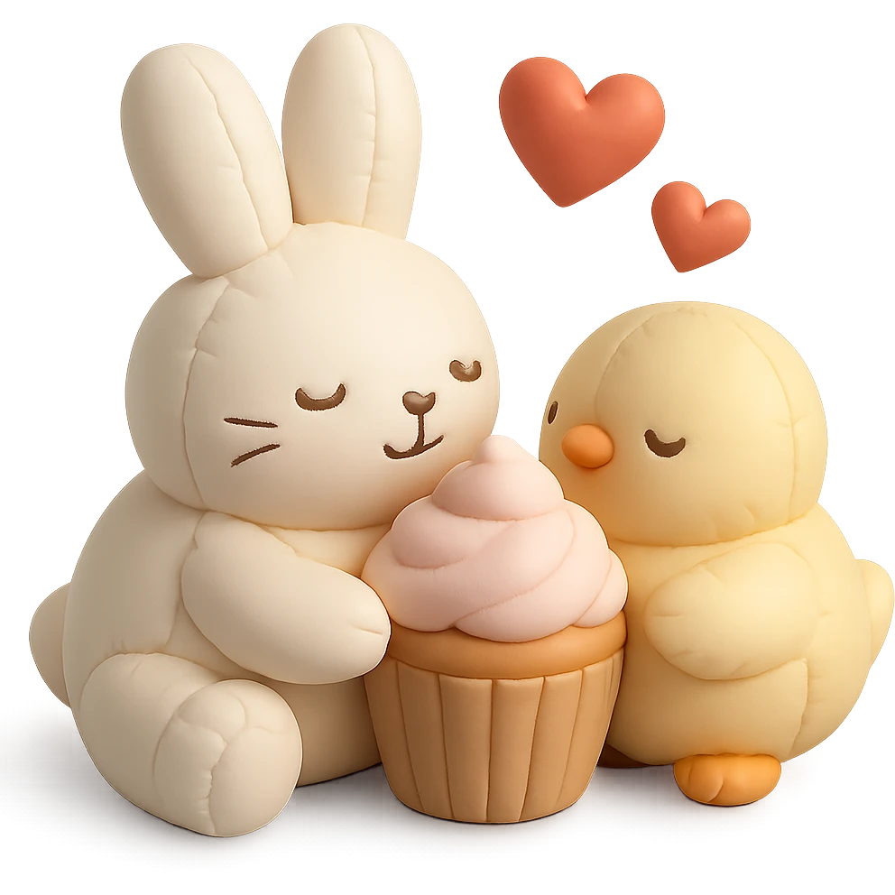 bunny and chick sharing cupcake with hearts floating, cushion style emoji