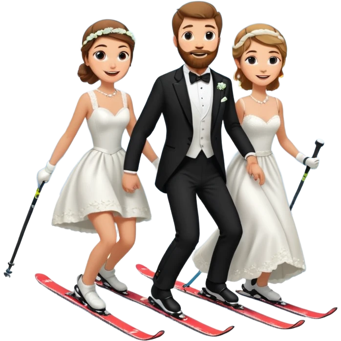 a couple skiing, man with a beard in a tux and woman in a wedding dress on their skiis going down a slope emoji