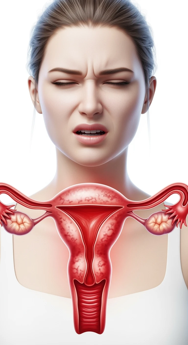 donna con utero umano realistico in evidenza dolorante, espressione di dolore in volto, sfondo bianco emoji
