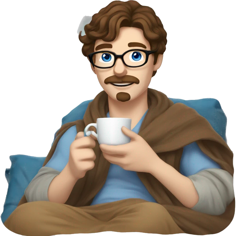 brown hair blue eyes moustache and Soul patch pale guy with glasses drinking tea with blanket on emoji