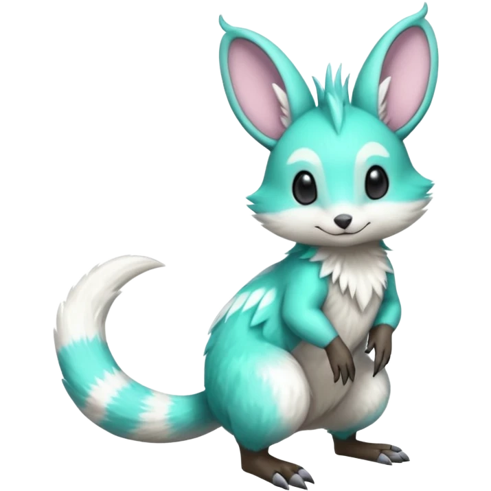 Iridescent Neon Green-Cyan Minccino-Emolga-Numbat-Sergal-fusion-hybrid-animal-creature, full body emoji