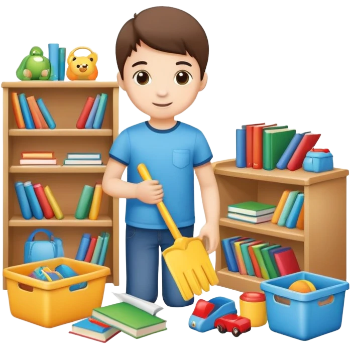 child tidying up their room, putting toys and books away, cheerful and organized emoji