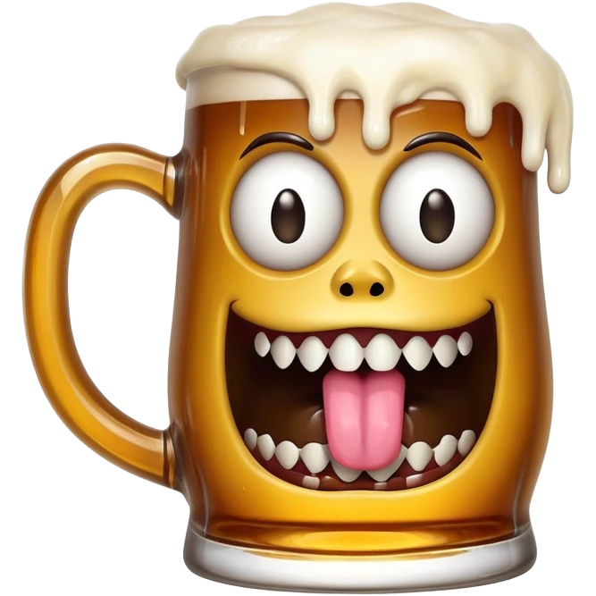 Mimic monster disguised as a beer mug with teeth and tongue, tipsy looking eyes emoji