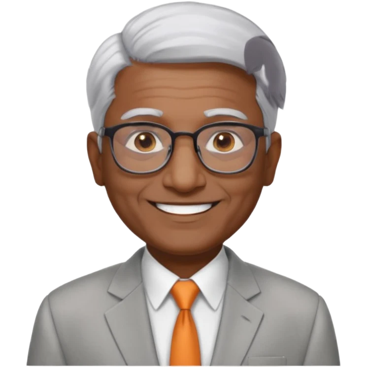 60 yr old indian man, short straight white hair brushed foreward , light grey business suit, big smile, dark brown skin, no moustache, dark brown eyes, glasses
 emoji