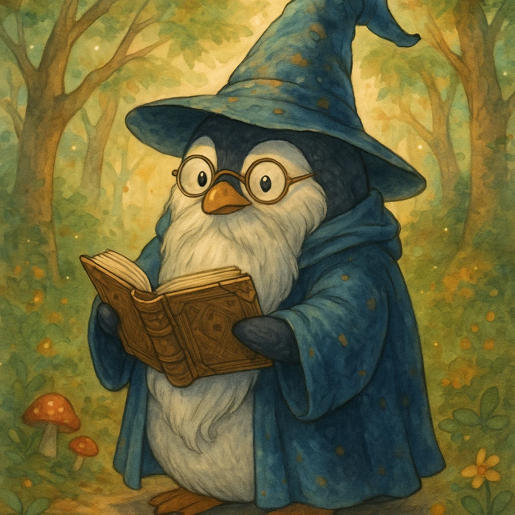 a chubby penguin wizard with glasses, a long beard, and a spellbook, fantasy illustration style emoji