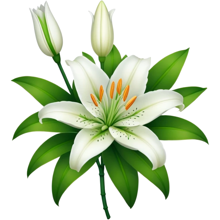 Beautiful white lily flower with green stem and leaves emoji