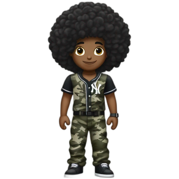 Crea un muchacho rockero, con pantalón camuflageado y una playera negra de NY yankees, con cabello tipo afro , brazos tatuados y un letrero que diga tichobboy emoji