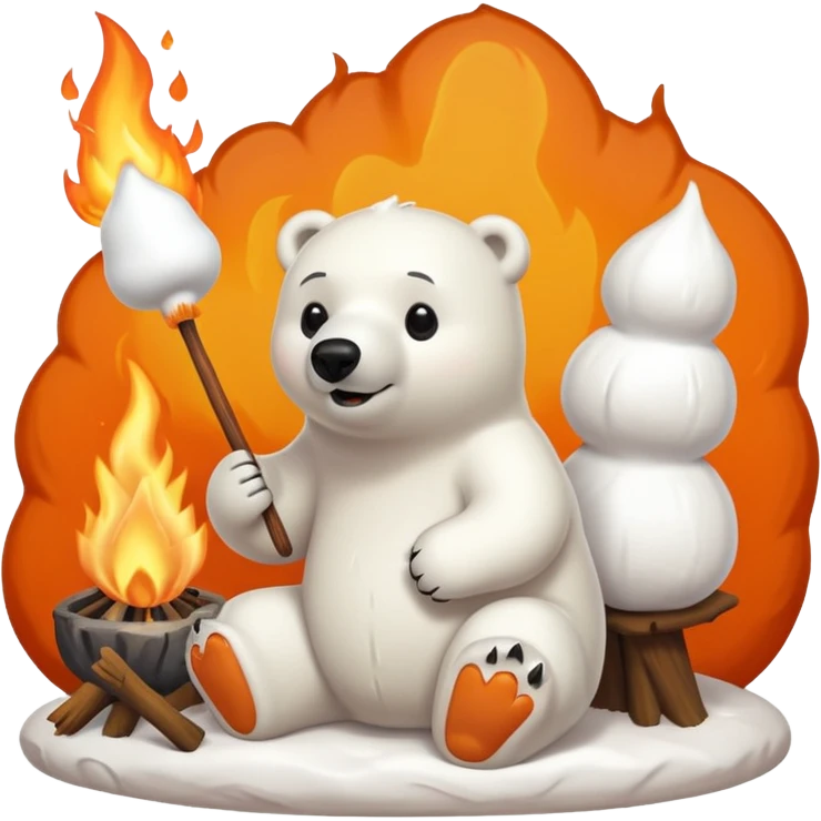 polar bear by a campfire roasting a marshmallow on a stick emoji