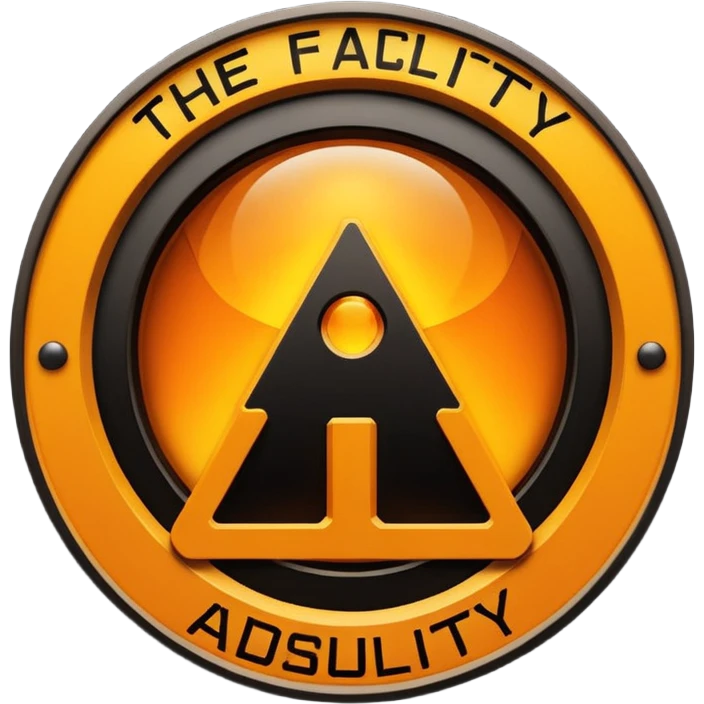 glowing amber industrial emblem above bold text reading “THE FACILITY”, dark background, clean typography, sci-fi bunker aesthetic, high contrast, emoji
