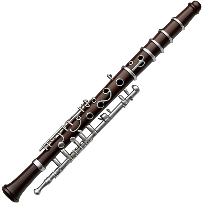 Create an elegant and detailed emoji representing a black oboe with a reed. The design should showcase the sleek, dark wood finish of the oboe, with the metal keys clearly visible. The reed should be delicately placed at the top of the instrument, emphasizing its essential role in producing sound. Add subtle details like the silver or brass accents on the keys to reflect the high-quality craftsmanship of the instrument. Use deep black, silver, and wood tones for the oboe to capture its sophisticated appearance. The background should be transparent. emoji