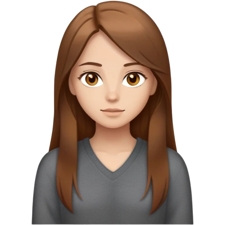 chica pelo castaño largo liso con ojos marron miel y un jersey de pico gris oscuro emoji