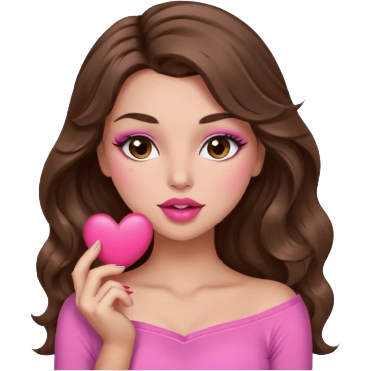 girl with long wavy brown hair, brown eyes, long lashes makeup, sexy pink lips, light to medium complexion, wearing a pink sexy top, sexy , puckering, blushing, kissing a heart sexy emoji