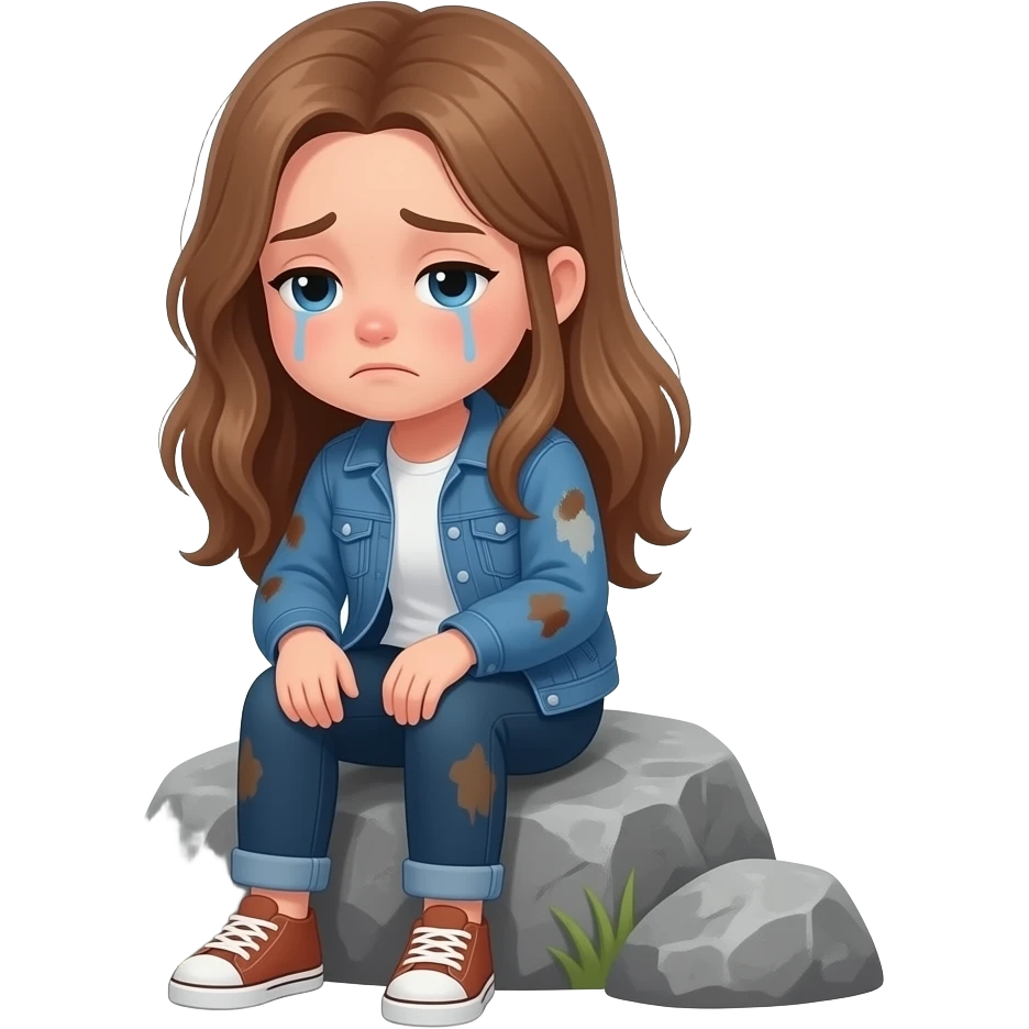 una chica sentada en una roca,  i tiene el pelo largo de color avellana esta cansada tiene un peto azul manchado emoji