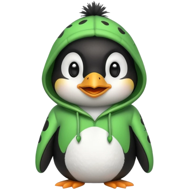 A cute penguin with a frog hoodie with a smile, smiley face in the middle emoji