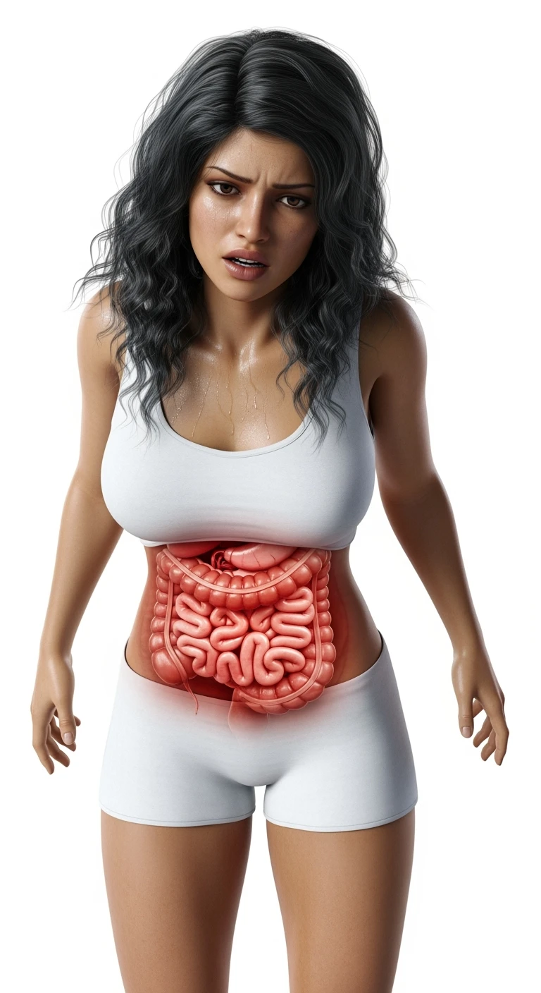 UNA DONNA REALISTICA con mal di pancia, INTESTINO ANATOMICO INFIAMMATO VISIBILE, MAL DI PANCIA, ISOLATA SU SFONDO BIANCO, IPERREALISTICA 4K emoji