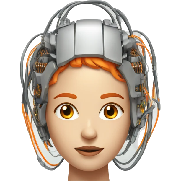 Head of female cyborg with orange hair and circuits wires emoji