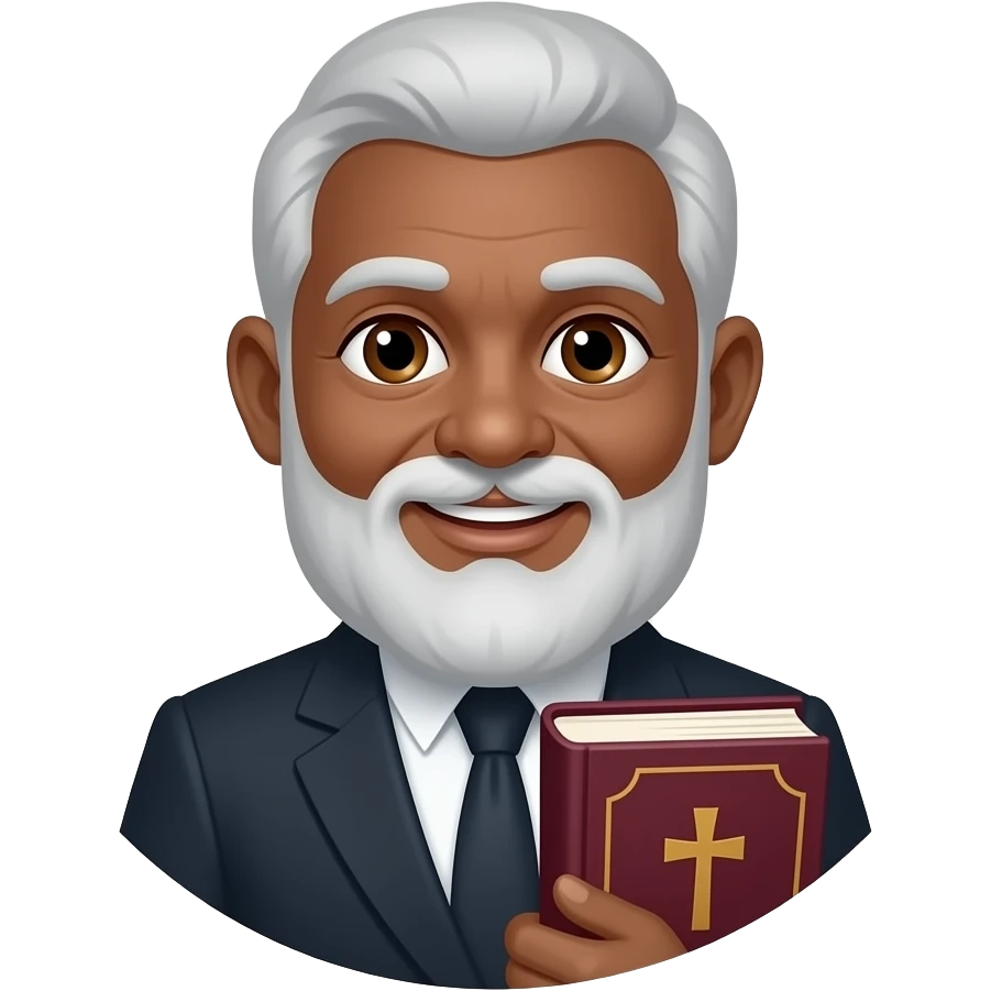 wise old man with grey hair little smile brown eyes white beard black skin with burgundy book that has a cross on it no circle emoji