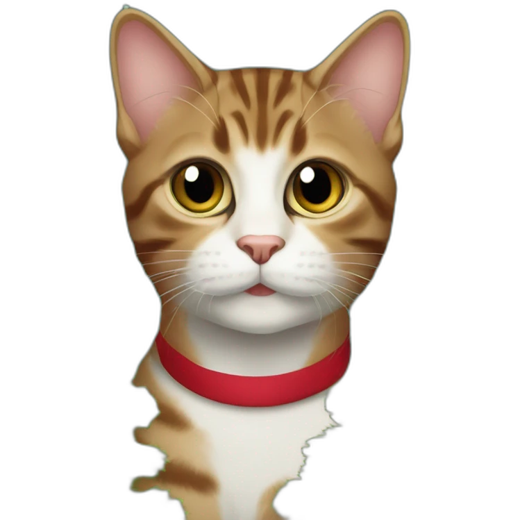 A polydactyl tabby cat with big eyes under a Christmas tree emoji