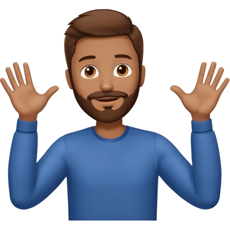 A man with brown hair and beard with his arms out horizontally at his sides waiting for a hug emoji