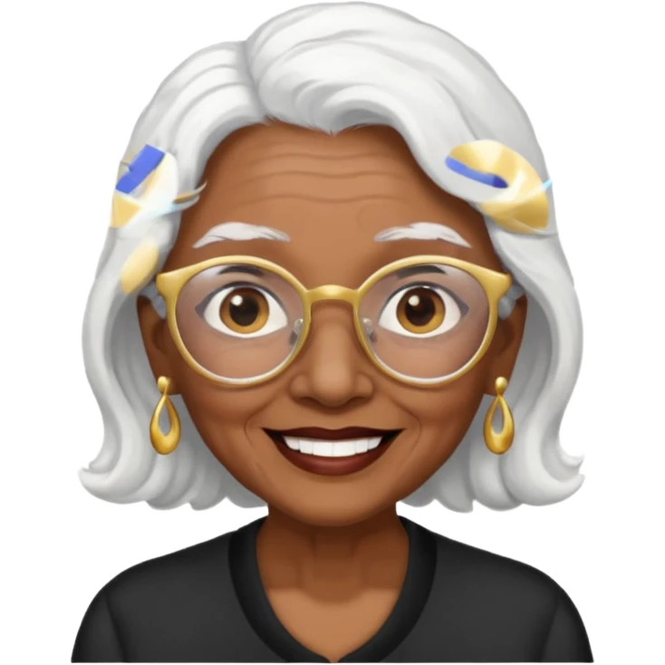 old lady with soft waves white hair, dark brown skin, and large brown eyes, wearing black-rimmed glasses and gold earrings, with a friendly smile emoji