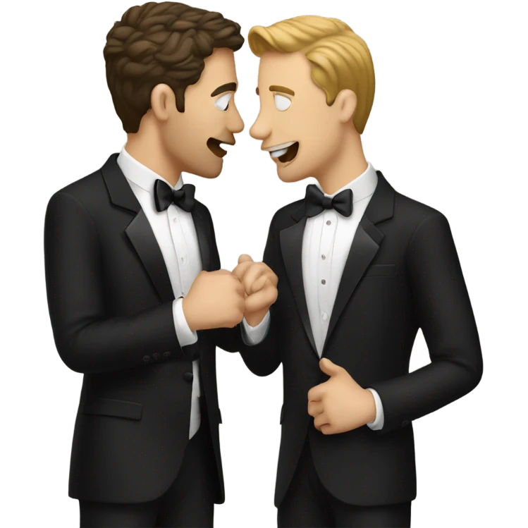 Two white guys kissing, black tuxedos emoji