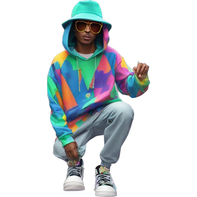 Multicoloured neon person smoking wearing patchwork patterned hippie groovy retro hoodie dancing hip hop bucket hat tropical Skater fashion aesthetic baggy clothes graphic t shirt 420 emoji