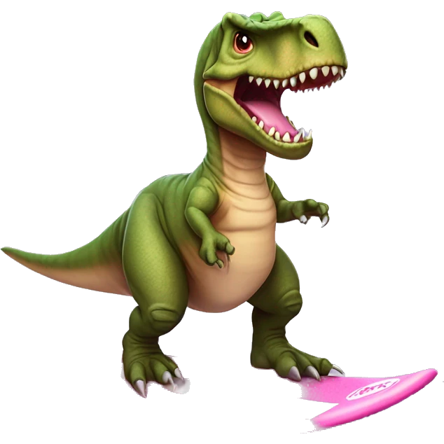 T-Rex com um tutu rosa em uma prancha de surfe emoji