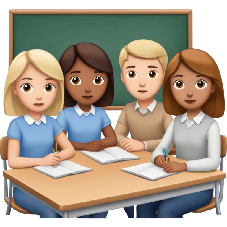 five caucasian people sitting together in classroom learning emoji
