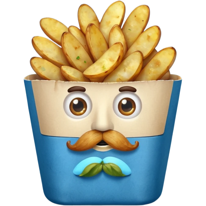 fried potatoes in a blue carton, carton has eyes and mustache emoji