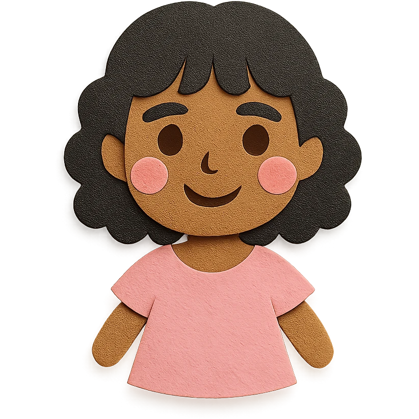 personagem de pele parda, cabelos cacheados pretos de comprimento médio com franja, olhos castanhos, maquiagem de boneca, vestido rosa claro emoji