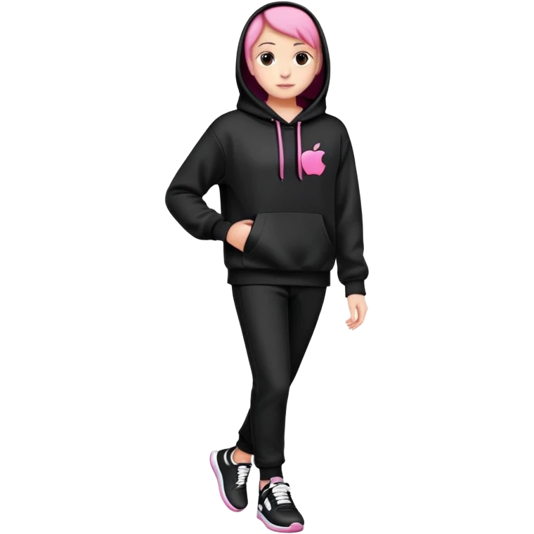 A person in the style of apple emoji, wearing a black hoodie with a pink and white logo, black pants, and black and white sneakers. emoji