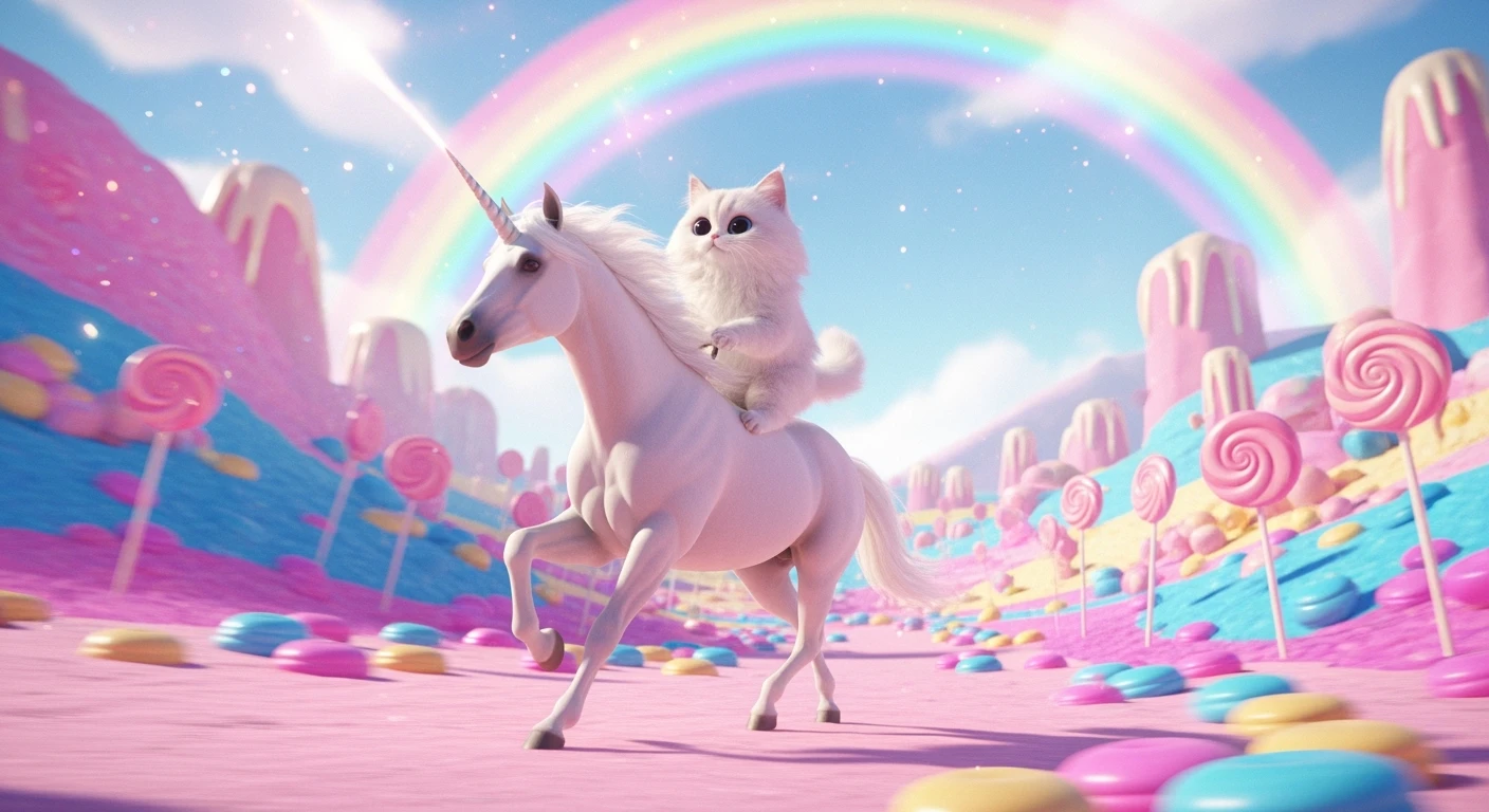 Cinematic still of a cat riding on unicorn around magic pink, and blue candy world, rainbow, dynamic shot emoji
