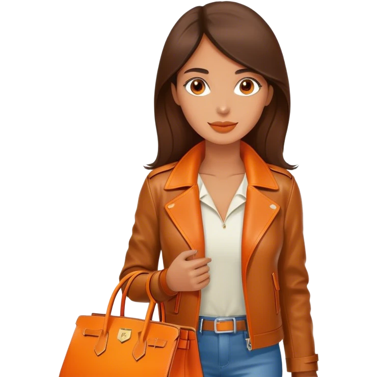 Beautiful woman wearing a leather Hermes jacket and carrying an orange Hermes Birkin Bag. I want the image to be close up.  emoji