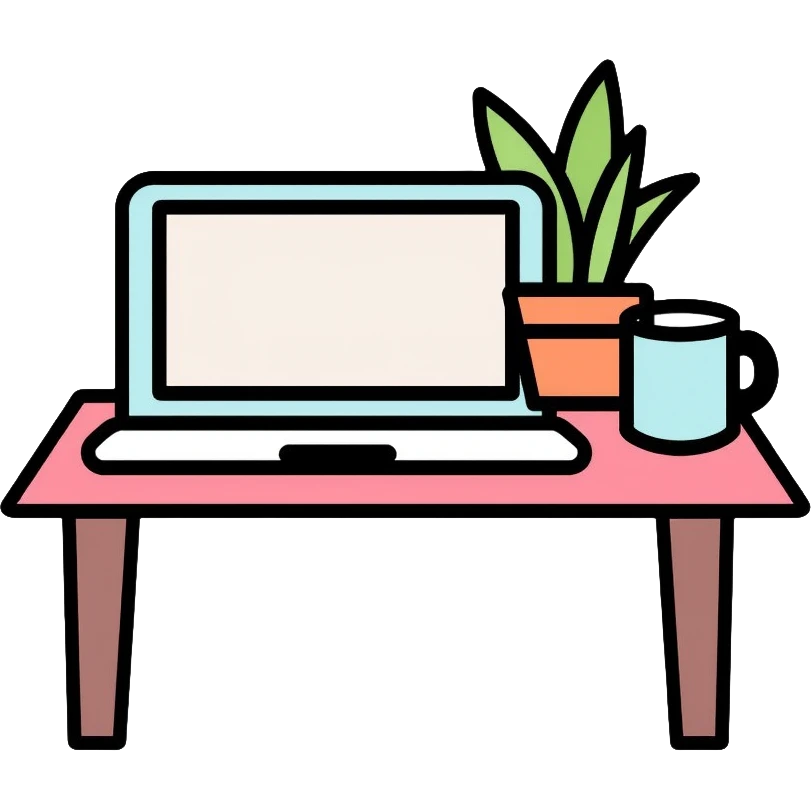 A neat desk workspace with an open laptop, coffee mug, and a small potted plant, minimalist and organized emoji