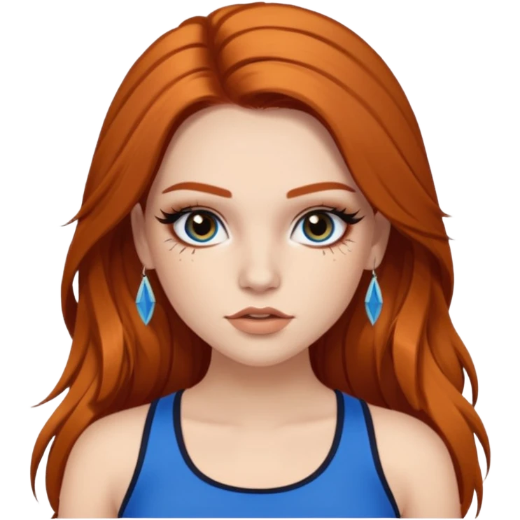 Pale girl with long black/brown hair with ginger streaks,wearing fake lashes,latina baddie makeup and a blue crop top emoji