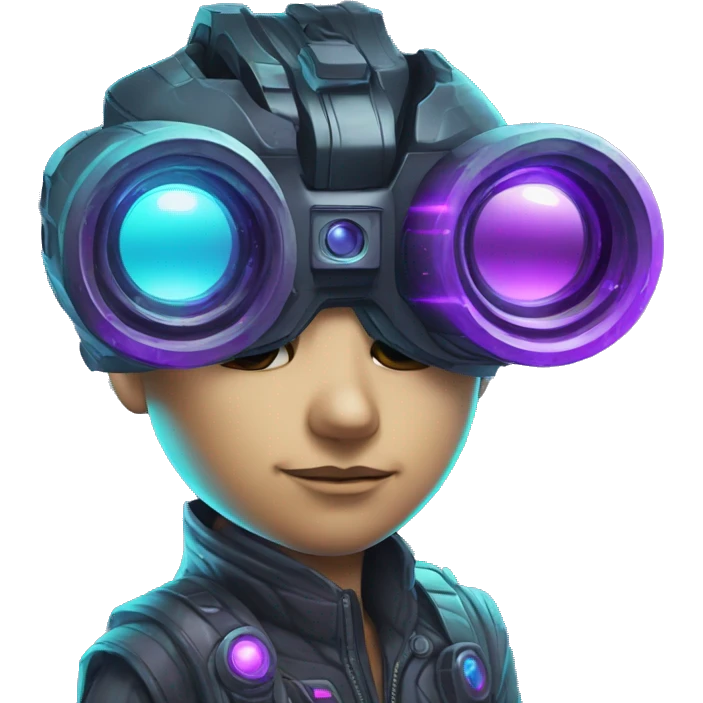 Secret human agent with  cyberpunk elements with a spyglass scanning looking reviewing multicolor lines of code, cyan and purple colors, only upper body portrait emoji
