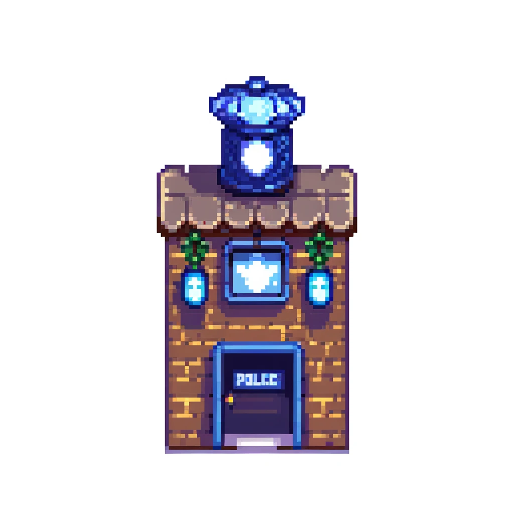 pixel art city police station with flashing lights and police sign emoji